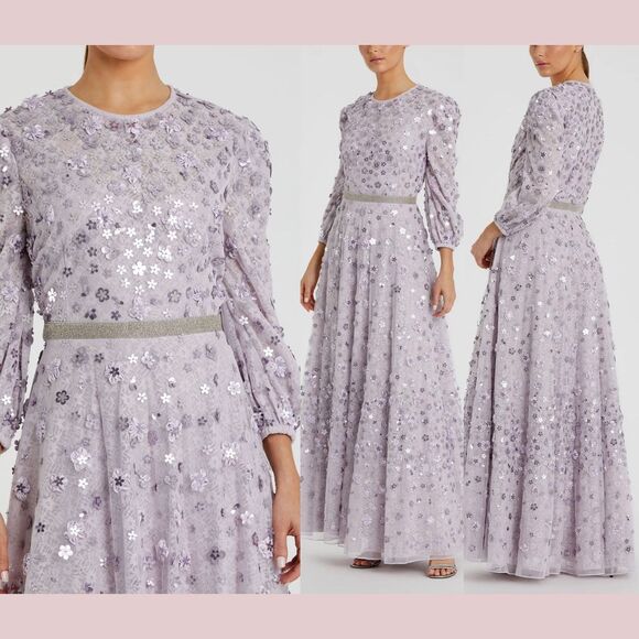 NWT Mac Duggal [ 6 ] 93805 Floral Applique Puff Sleeve‎ High Neck Gown LAVender - Picture 1 of 16